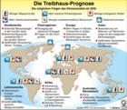 Weltkarte zum Klimawandel, Folgen bis 2050, Wasservorrte, Gletscherschmelze,Infektionskrankheiten, Wetterextreme, Biodiveristt, Landwirtschaft / Infografik Globus 1574 vom 24.08.2007 