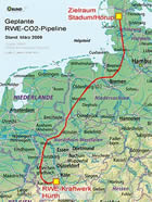 CO2-Pipeline: Landkarte des Trassenverlaufs, Groansicht beim BUND