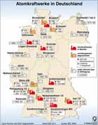 Atomkraftwerke in Deutschland; Kernenergie; Atomenergie; Atomstrom; Atomausstieg; Atommoratorium / Infografik Globus 4243 vom 12.05.2011 